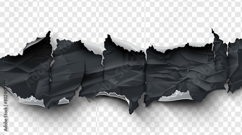 A realistic depiction of a torn, dark grey strip of paper with a slight shadow, presented on a transparent background for design versatility photo