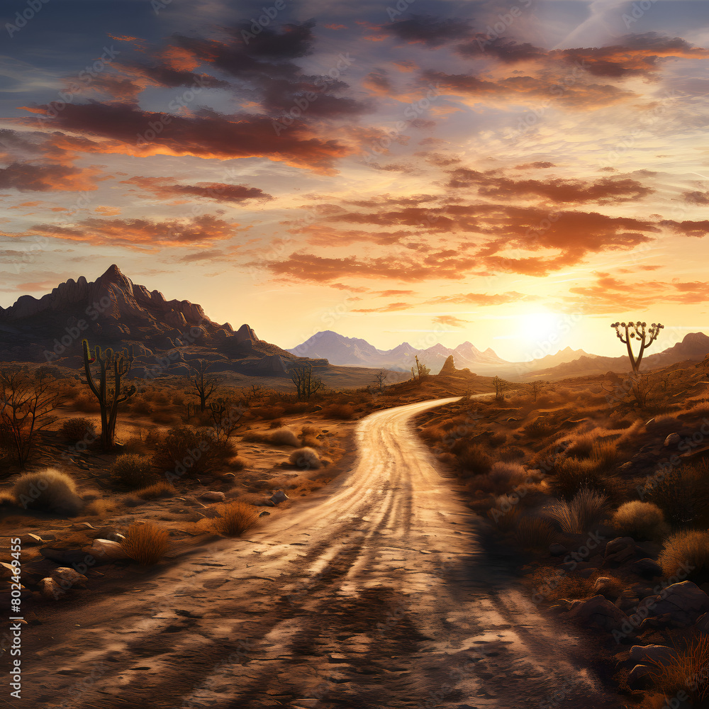 abandoned road in the desert at sunrise