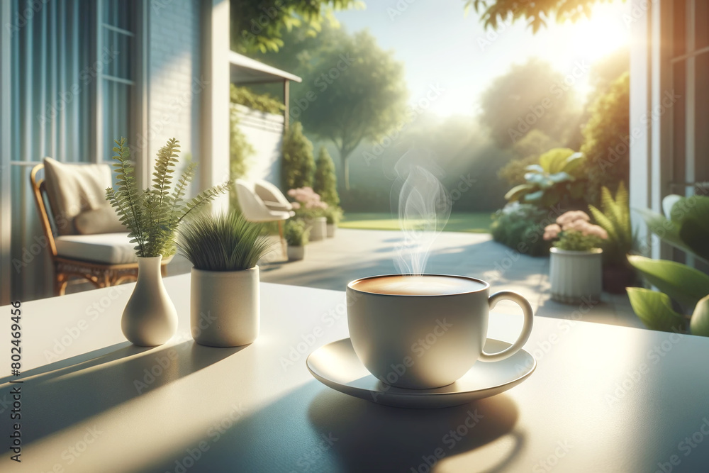 A cup of hot cappuccino coffee on a white table on an open terrace in the garden on a sunny day A cup of hot cappuccino coffee on a white table on an open terrace in the garden on a sunny day