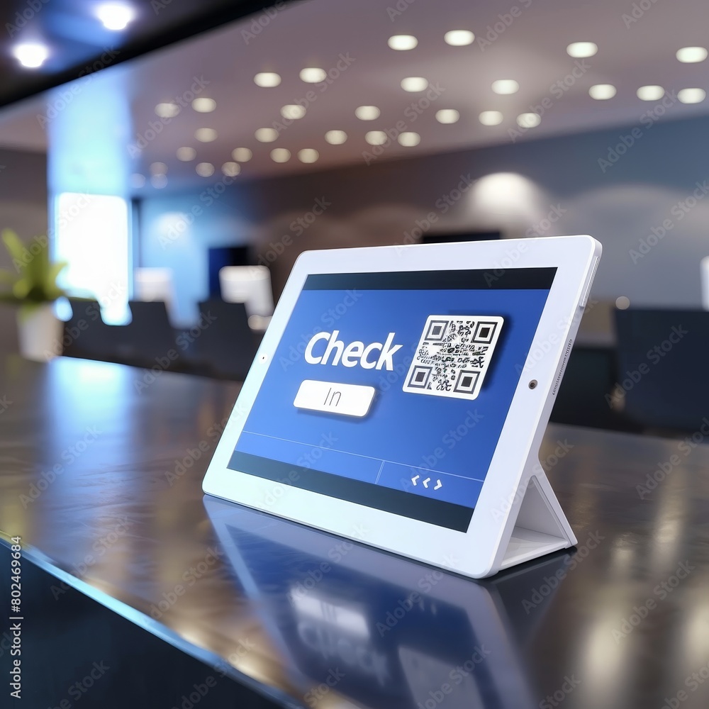 business reception desk, tablet with qr code and Check In on screen business reception desk, tablet with qr code and Check In on screen