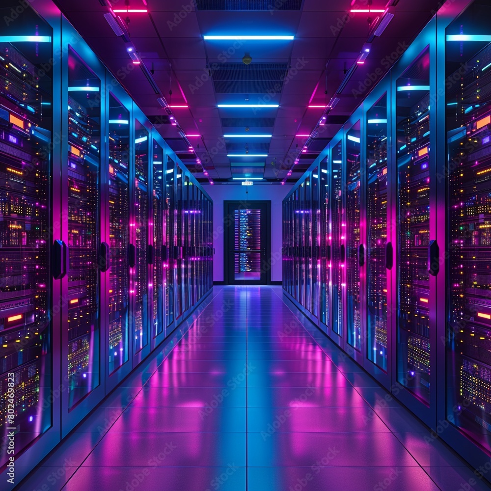 Interconnected server units with pulsating lights in a secure cloud facility, showcasing robust cyber protections , neon light Interconnected server units with pulsating lights in a secure cloud facility, showcasing robust cyber protections , neon light