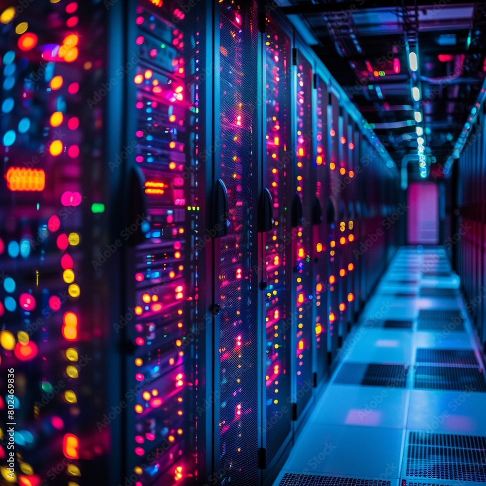 Interconnected server units with pulsating lights in a secure cloud facility, showcasing robust cyber protections , neon light Interconnected server units with pulsating lights in a secure cloud facility, showcasing robust cyber protections , neon light
