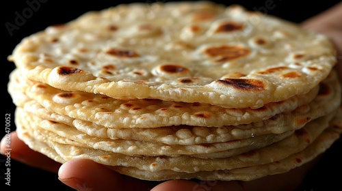   A close-up photo of a person clutching a stack of flatbread tortillas against a dark background, with another hand doing the same photo