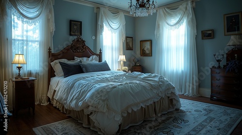  A tidy bedroom boasts a well-made bed and chandelier dangling off the headboard