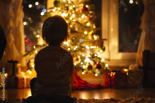 A child is sitting in front of a Christmas tree