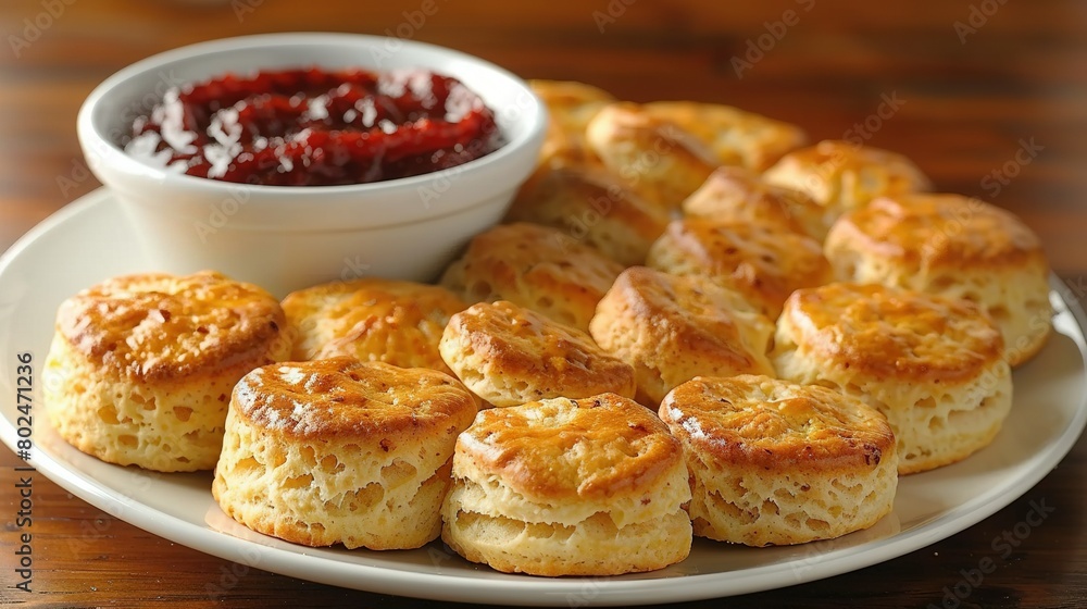  A plate of biscuits and jam sits beside a bowl of jelly on a wooden table