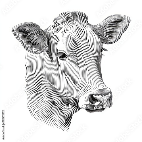 Close-up of a cow's face. Animalism. Imitation sketch print in black and white coloring. Illustration for cover, postcard, greeting card, interior design, decor or print. photo