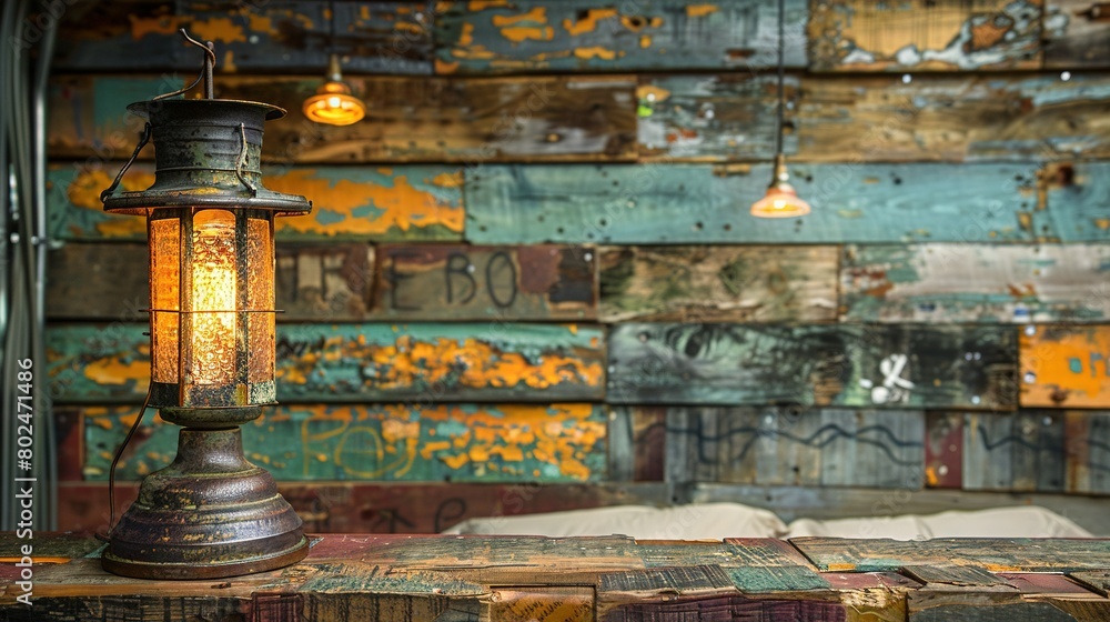   A lamp perched atop a wooden table, illuminates the peeling paint-covered wall and wooden planks behind it