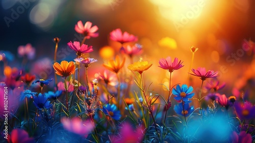   A field of vibrant blooms bathed in sunlight filtering through nearby foliage in the background of the photograph © Nadia