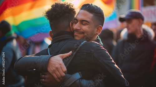 A hopeful moment captured as two men embrace in a loving hug at the rally, their gesture of affection symbolizing the progress and acceptance achieved by the LGBTQ+ community, whil photo
