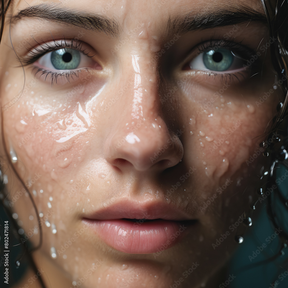 A woman with wet hair and a green eye