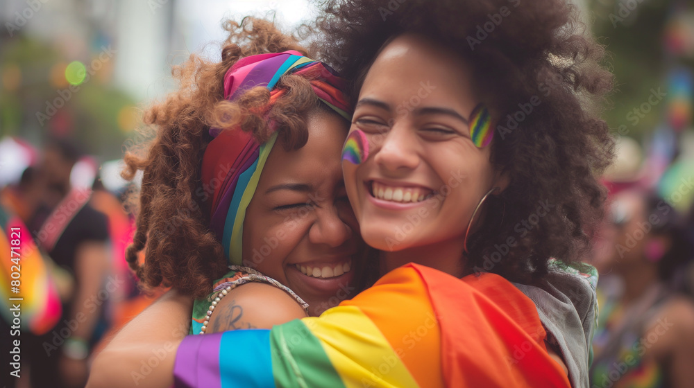 A heartwarming moment captured as a couple of women hug tightly at the rally, their smiles radiant with pride and happiness, as they celebrate their love and commitment in a suppor