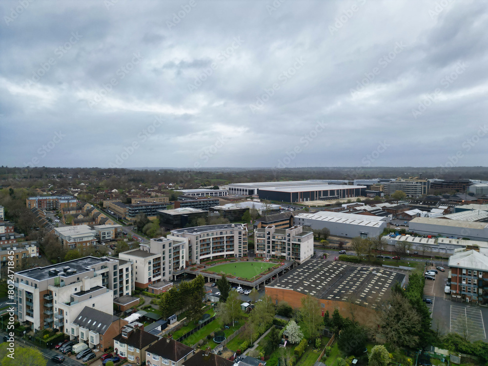 Aerial View of Central Borehamwood London City of England During Cloudy and Rainy Day, England UK. April 4th, 2024