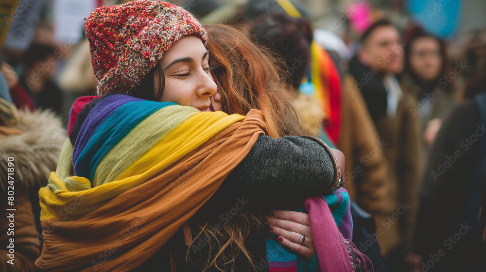 A powerful image capturing the embrace of two women at the rally, their arms wrapped around each other in solidarity and support, as they stand together in defiance against discrim