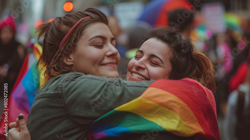An emotional photograph capturing the solidarity and sisterhood between two women at the rally, their hug serving as a powerful reminder of the importance of love and connection in © Nati