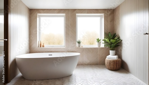 Perspective view on sunny modern interior design bathroom with herringbone ceramic tales bath zone