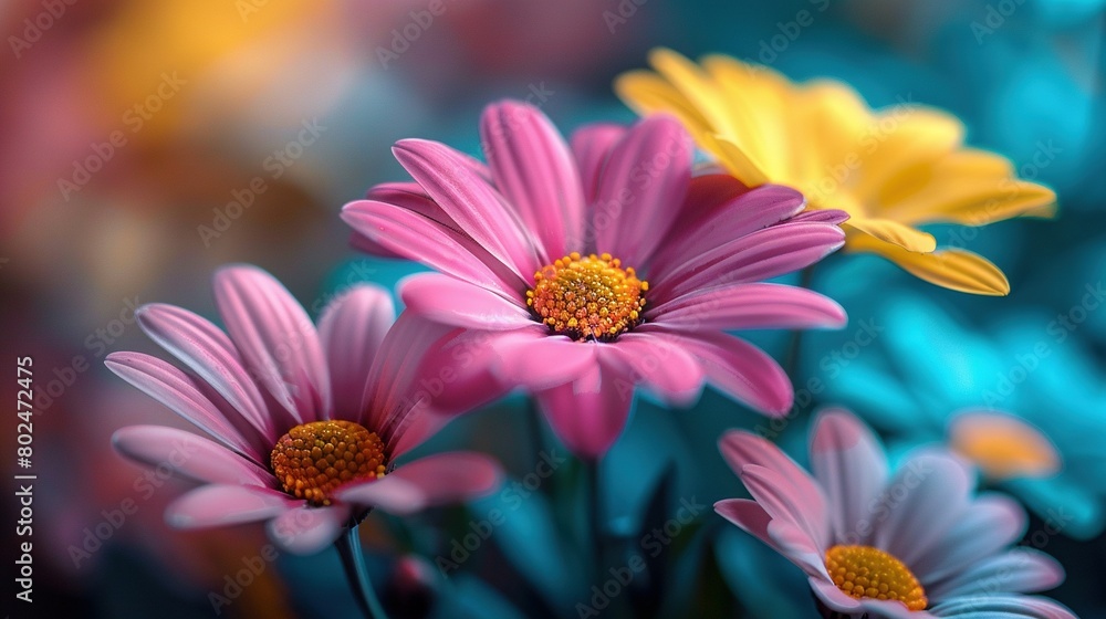 a close-up of several vibrant flowers with a soft blurred background featuring varying hues of blue, yellow, and pink a close-up of several vibrant flowers with a soft blurred background featuring varying hues of blue, yellow, and pink