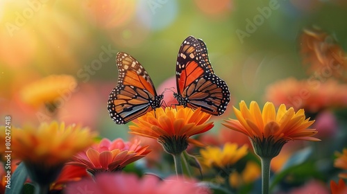   Two butterflies perched atop orange and pink blossoms amidst a sea of green foliage in the background © Nadia