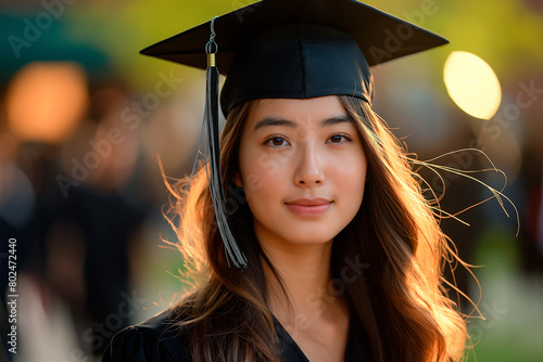 Young asian woman in black gown and graduation cap in front of university at sunset light 