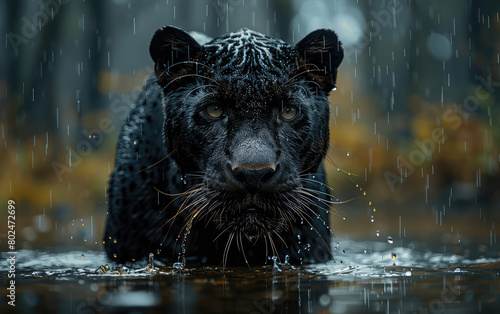  A black leopard in the rain, looking at the camera, standing on water, looking into eyes. Created with Ai © Image Innovate