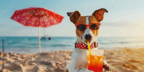 A dog drinks a cocktail on the beach wearing sunglasses