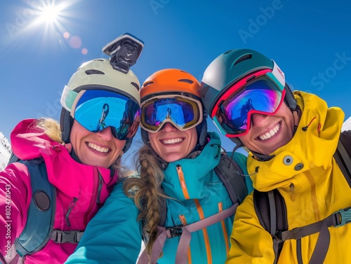 Happy skiers taking a selfie on a sunny day, showcasing friendship and adventure.