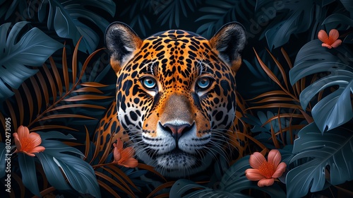 Illustration of a jaguar in the jungle, surrounded by plants and flowers
