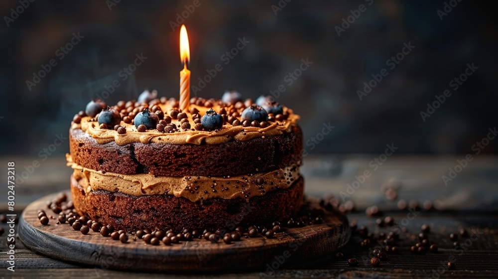 Close-up of a lit candle on top of a cake surrounded by coffee beans Close-up of a lit candle on top of a cake surrounded by coffee beans