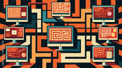 An intricate maze made of computer screens each one displaying a different conspiracy theory or false information..