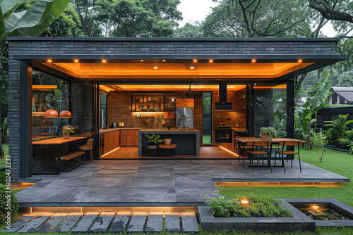  An outdoor kitchen with an open ceiling and black brick walls  illuminated by warm lights  surrounded by lush greenery in the garden of a minimalist modern house designed. Created with Ai