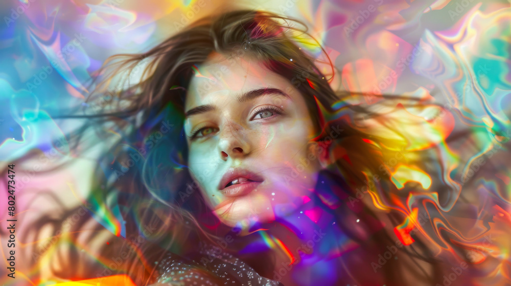 Portrait of a young woman in a color swirl with chromatic aberration. Beautiful woman in a multi-colored background.