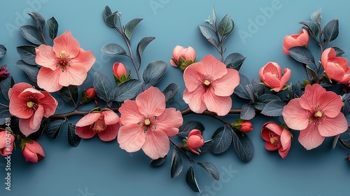   A pink-flowered card with green leaves against a blue background