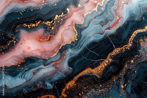 Abstract fluid art painting in dark blue, pink and gold colors with a glittering liquid marble texture. Created with Ai