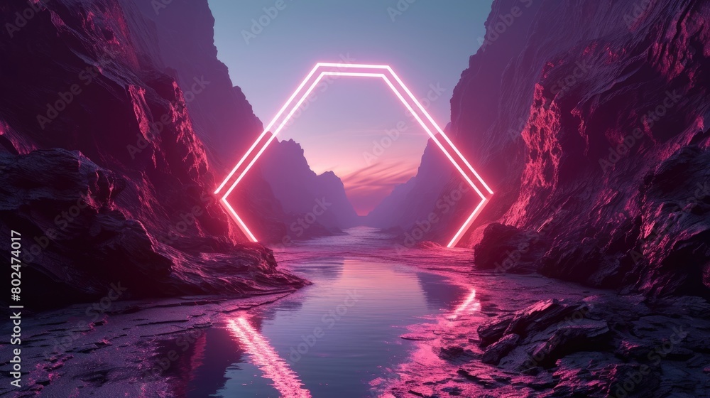 Fototapeta premium The great pinkish floating hexagon beyond the water that surrounded with a lot amount of the tall rocks at the dawn or dusk time of the day that shine light to the every part of the picture. AIGX03.