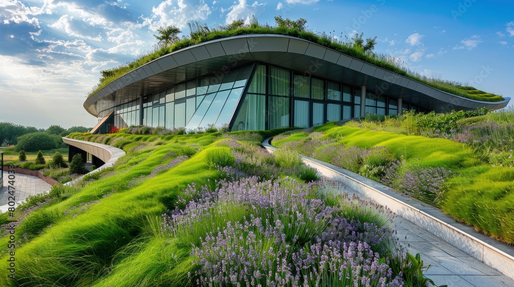 A modern green roof on top of the building surrounded by lush meadows and lavender fields with blue sky background