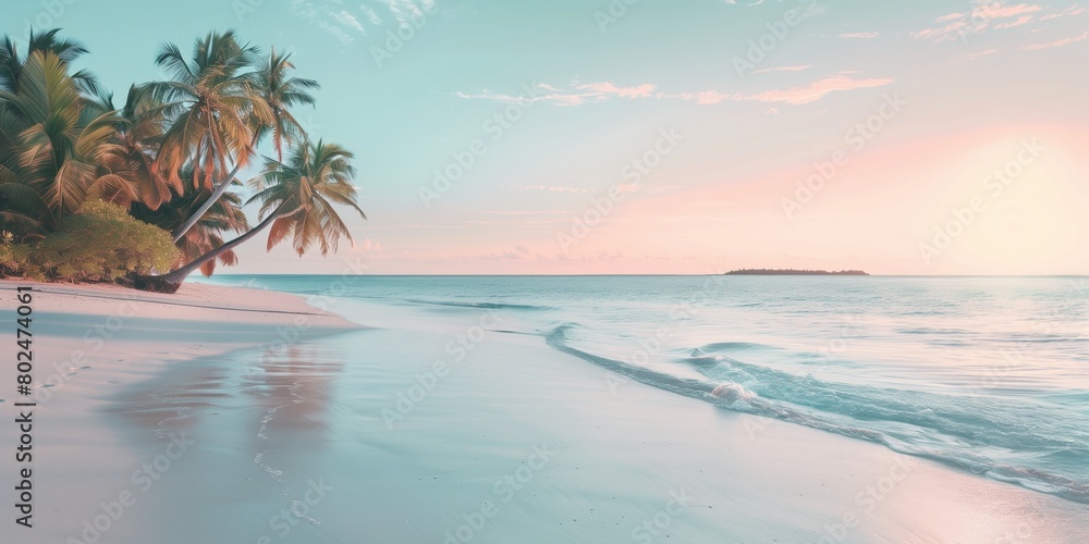 Fototapeta premium Paradise beach with palm trees and calm ocean at dawn or sunset. Panoramic banner of a peaceful landscape