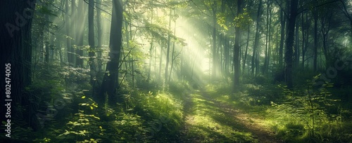 A lush green forest with tall trees and sunlight filtering through the leaves © Moinul