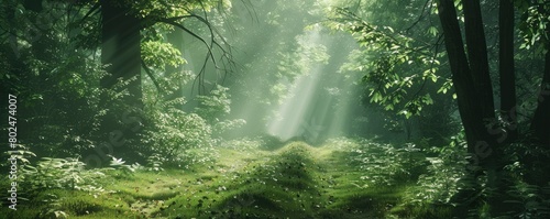 A lush green forest with tall trees and sunlight filtering through the leaves