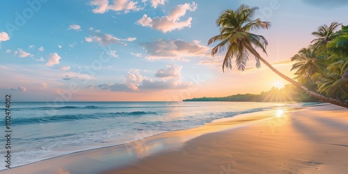 Paradise beach with palm trees and calm ocean at dawn or sunset. Panoramic banner of a peaceful landscape © Ace64 Studio