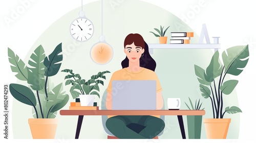 illustration of a woman working with a laptop in a cozy and relaxed home office environment, fostering a comfortable atmosphere.