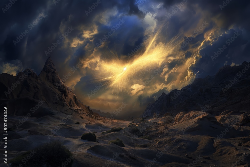 A breathtaking view of a rugged mountain terrain under a dramatic sky with a radiant light event