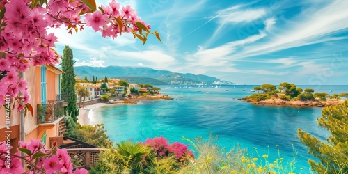 Seafront landscape with azalea flowers. French riviera, view of stunning picturesque coastal town photo
