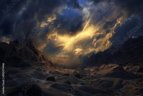 A breathtaking view of a rugged mountain terrain under a dramatic sky with a radiant light event © cherezoff