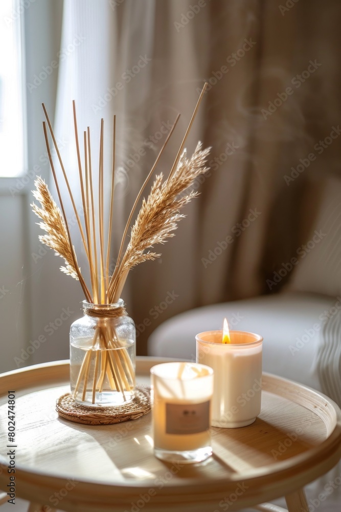 Naklejka premium Room Scent, Fragrance Sticks, Aromatic Candles, Air Reed Freshener on Table in Living Room