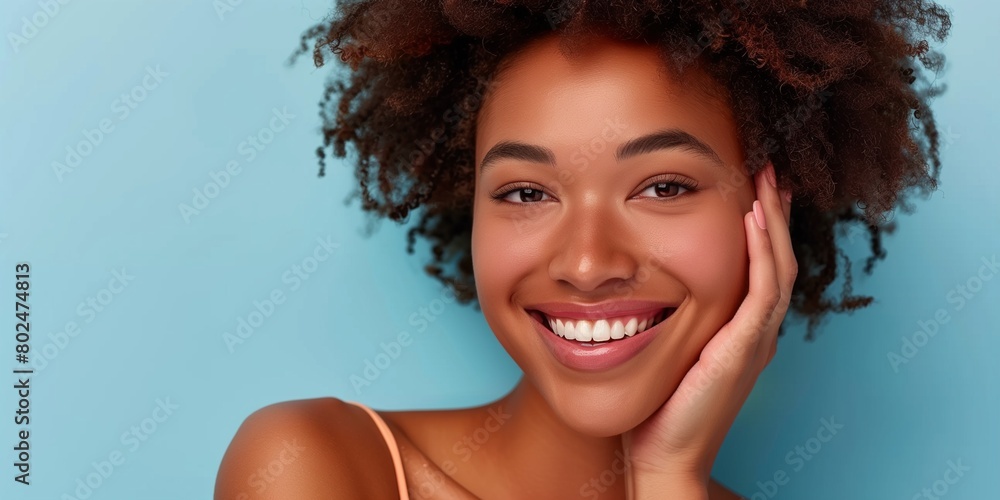Woman smiling while touching her flawless glowy skin with copy space for your advertisement, skincare Woman smiling while touching her flawless glowy skin with copy space for your advertisement, skincare