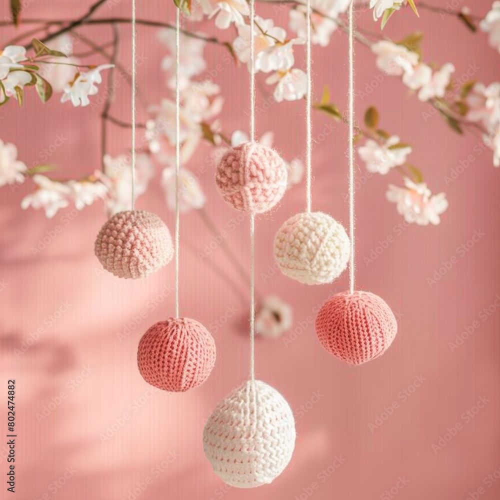 Obraz premium Baby crib mobile balls on pink background, knitted toy for children, hanging knitted balls