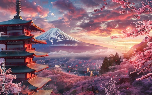 temple of japan at sunrise with cherry blossoms  colorful  vibrant sun light  with mountain in distance
