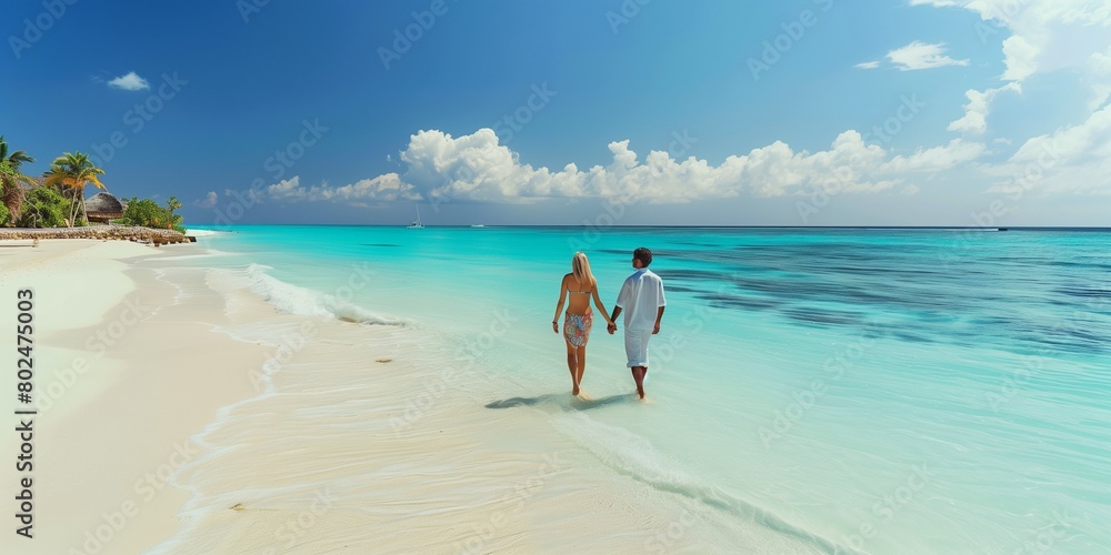 young couple walking on white sand beach on paradise island