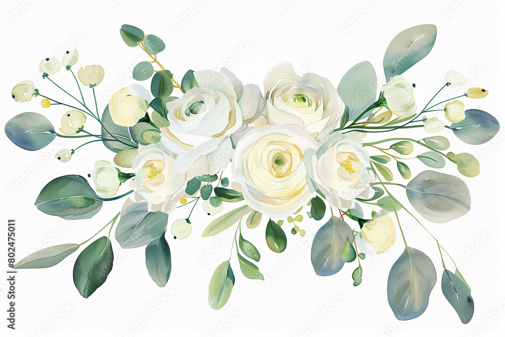 bouquet of flowers, watercolor illustration hand drawing, flora design, ranunculus and eucalyptus leaves,