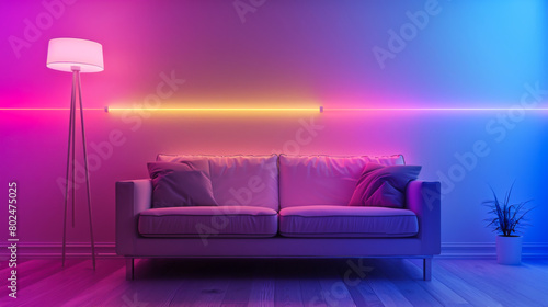 Interior of a modern living room with a light sofa  floor lamp and neon lighting. Concept of style  design.